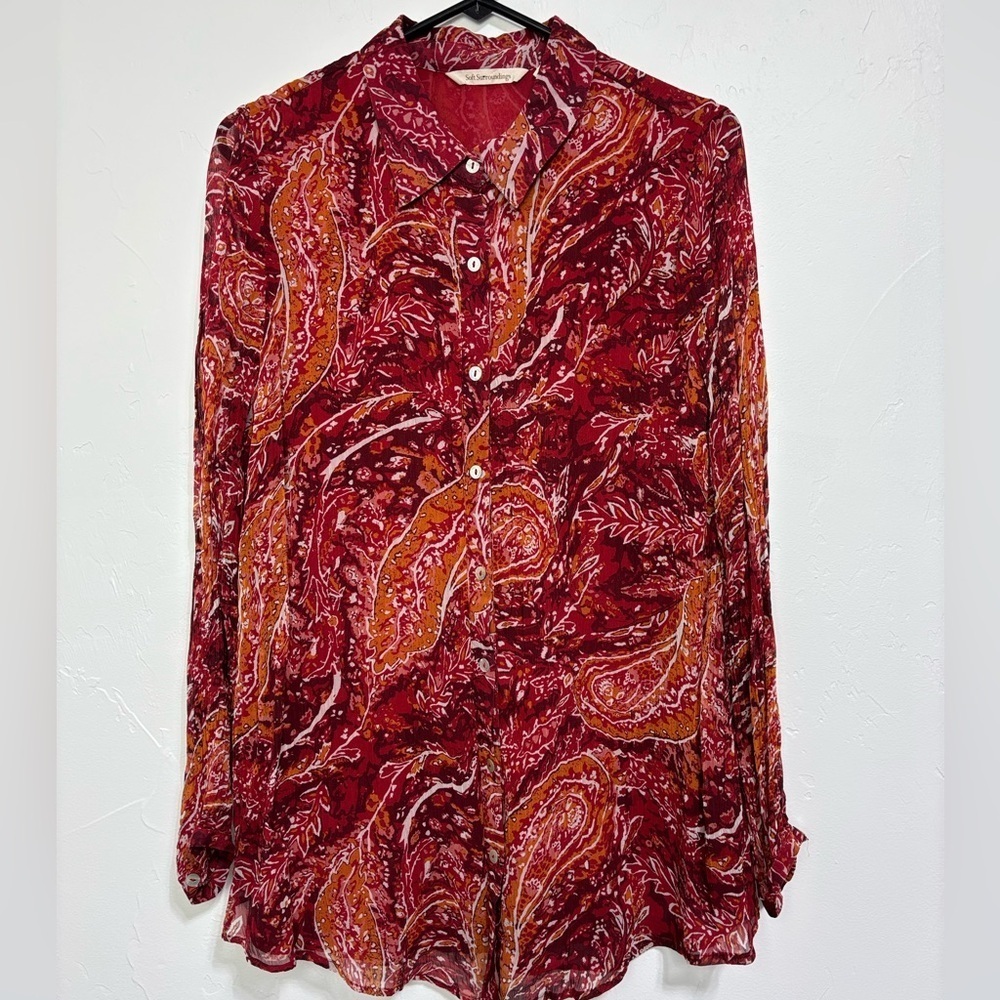 Soft Surroundings Paisley Lined Long Sleeve Button Front Blouse Women' Medium